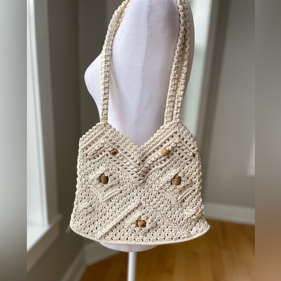 Vintage Ivory Crochet Wood Bead Detail Woven Cotton Lined Satchel Purse Handmade - Picture 2 of 11